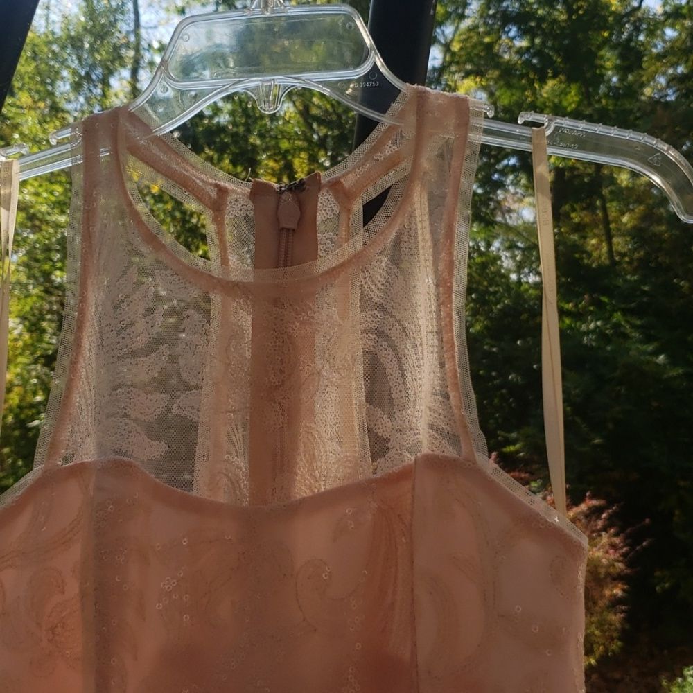 Maxi Dress Blush Pink 6 Sequins on Sheer Illusion A line Elegant Formal Gown - Picture 2 of 7